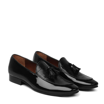 Men's Black Tassel Loafers with Deep Cut Croco Leather at Vamp by Brune & Bareskin