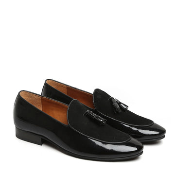 Black Glossy/Suede Leather Apron Toe Tassel Slip-On Shoes By Brune & Bareskin