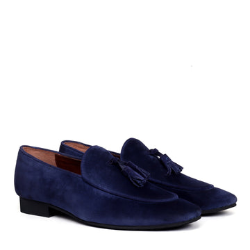 Blue Italian Velvet Apron Toe Tassel Slip-On Shoes For Men By Brune & Bareskin