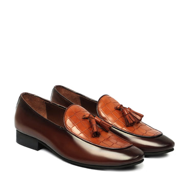 Men's Tan Tassel Loafers With Deep Cut Croco Leather At Vamp By Brune & Bareskin