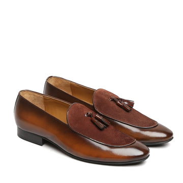 Tan Glossy/Suede Leather Apron Toe Tassel Slip-On Shoes By Brune & Bareskin