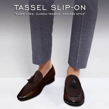Tassel Slip-On Shoes in Dark Brown Glossy/Suede leather