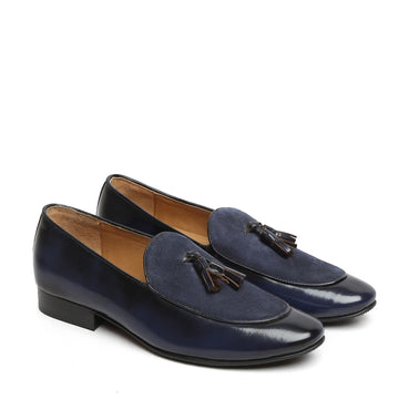 Navy Blue Glossy/Suede Leather Apron Toe Tassel Slip-On Shoes By Brune & Bareskin