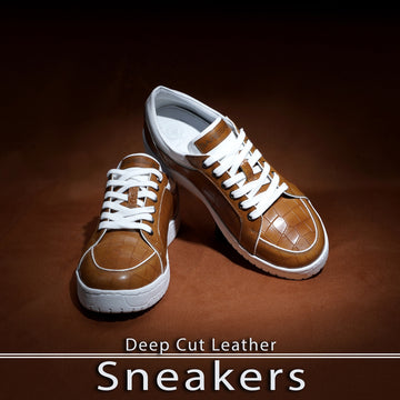 Contrasting White Edges Sneakers in Tan Deep Cut Leather with Lace-Up Closure