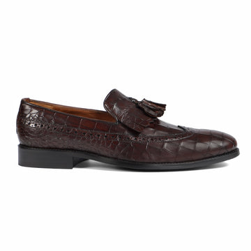 Croco Embossed Dark Brown Tassel With Fringes Leather Formal Slip-On