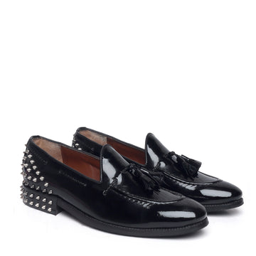 Black Patent Leather Studded Back Side Lacing Tassel Loafers By Brune & Bareskin