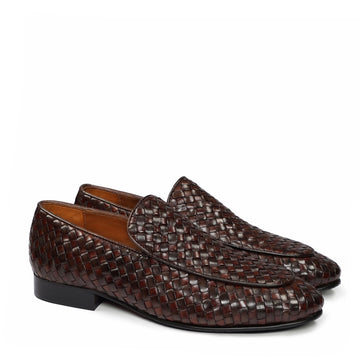 Dark Brown Hand Weaved Leather Loafers