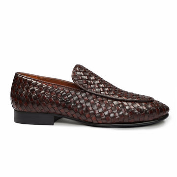 Dark Brown Hand Weaved Leather Loafers