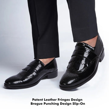 Black Patent Leather Fringes Slip-On