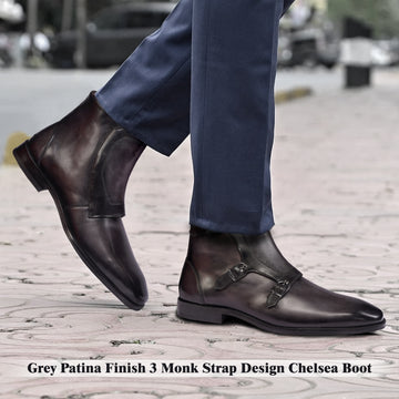 Men's Grey Triple Monk High Ankle Leather Boots By Brune & Bareskin