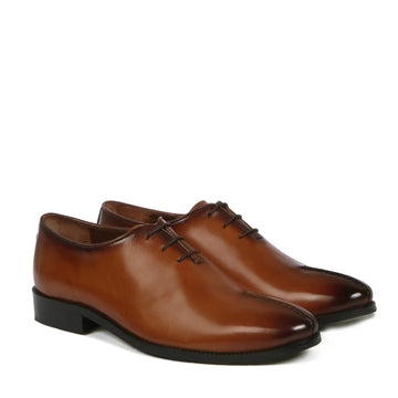 Mid Stitched 3-Lace Oxford Shoes in One Piece Whole Cut Tan Leather By Brune & Bareskin