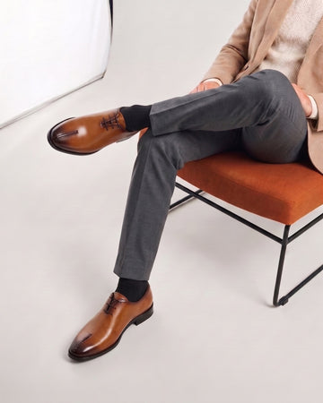 Mid Stitched 3-Lace Oxford Shoes in One Piece Whole Cut Tan Leather By Brune & Bareskin