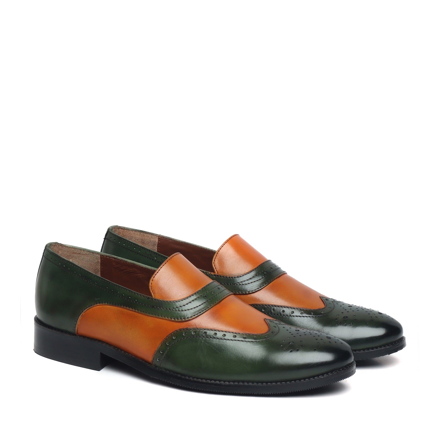 Tan-Green Leather Sassy Slip-On Shoe