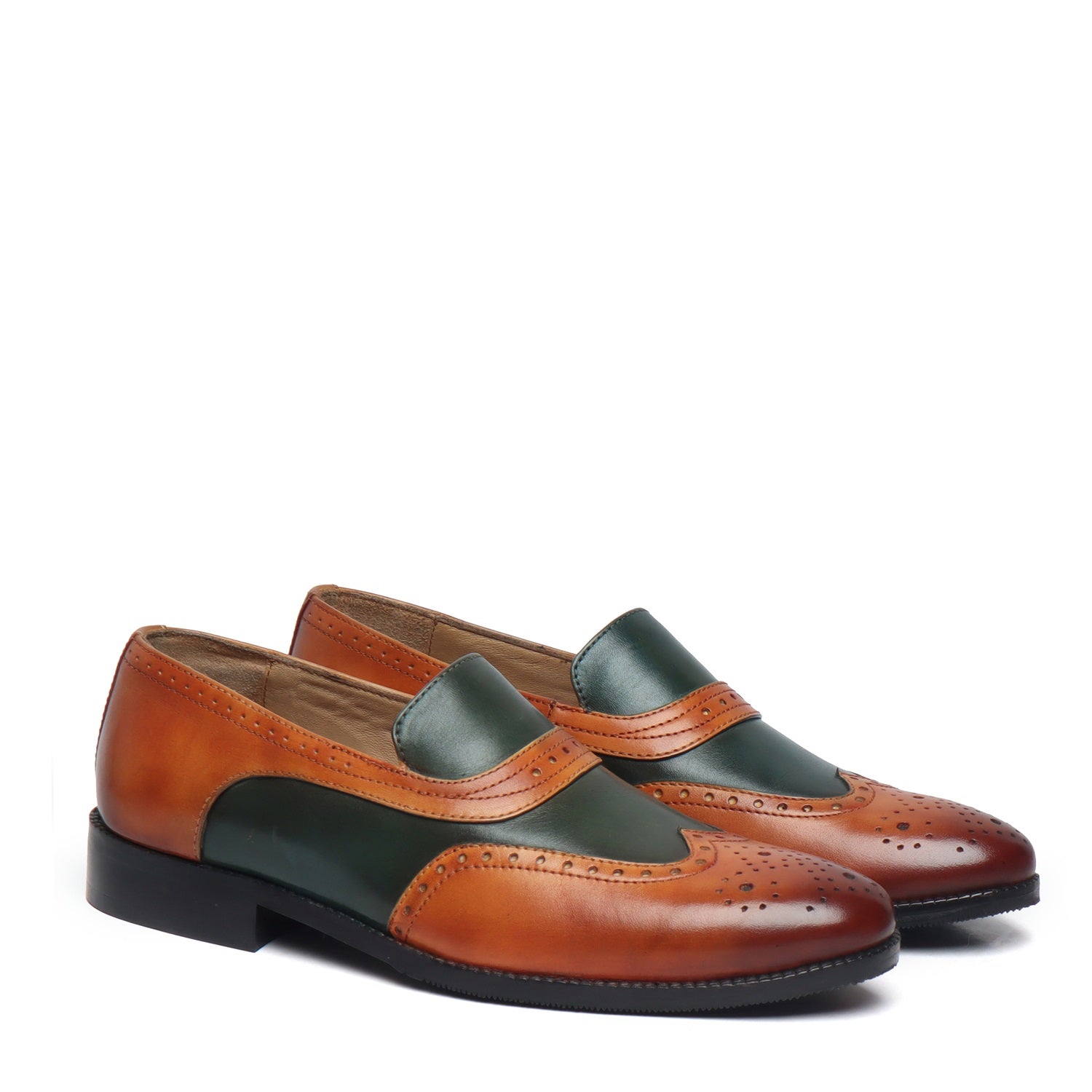 Green-Tan Leather Sassy Slip-On Shoes