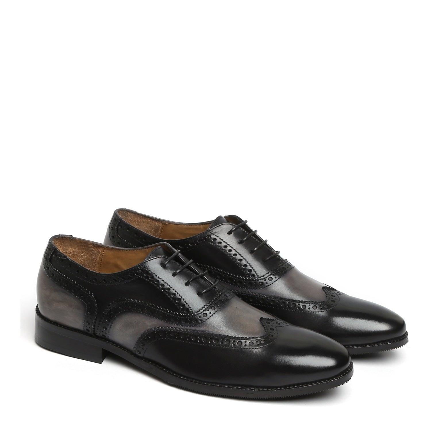 Grey Black Formal Shoe In Dual Tone Punching Brogue Leather Oxford Lace-Up