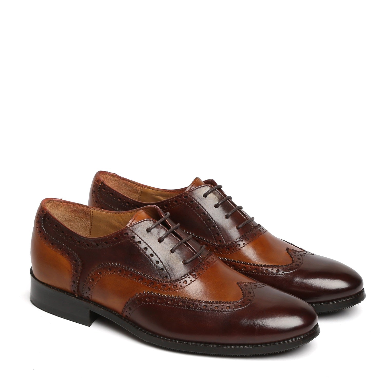 Tan-Brown Leather Shoe with Punching Brogue Oxford Lace-Up Closure