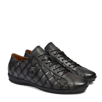 Men's Grey Leather Sneakers with Diamond Stitched Pattern & Metal Lion