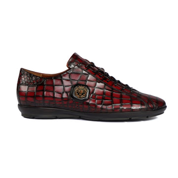 Wine Croco Embossed Leather Sneakers with Diamond Stitched Pattern