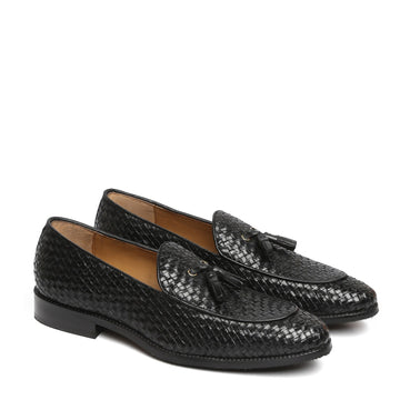 Apron Toe Tassel Slip-On Shoes Black Hand Weaved Leather