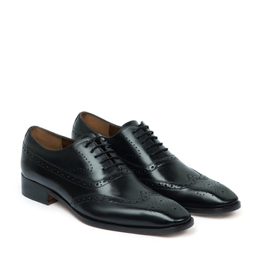 Men's Black Long Tail  Whole Cut One Piece Brogue Oxford Lace-up Formal Shoes By Brune & Bareskin