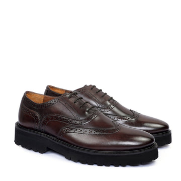 Brown Full Wingtip Brogue Oxfords Leather Lace-Up Chunky Sole Shoes