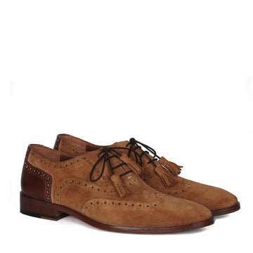 Full Wingtip Camel Suede Punching Brogue With Tassel Oxfords Lace-Up Leather Heel Cap Shoe By Brune & Bareskin