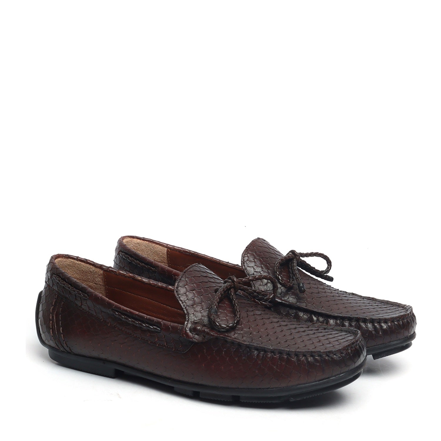 Weaved Tassel Bow Loafers in Dark Brown Snake Scales Textured Leather