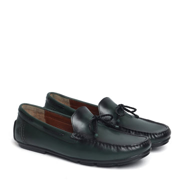 Green Leather Tassel Bow Loafers