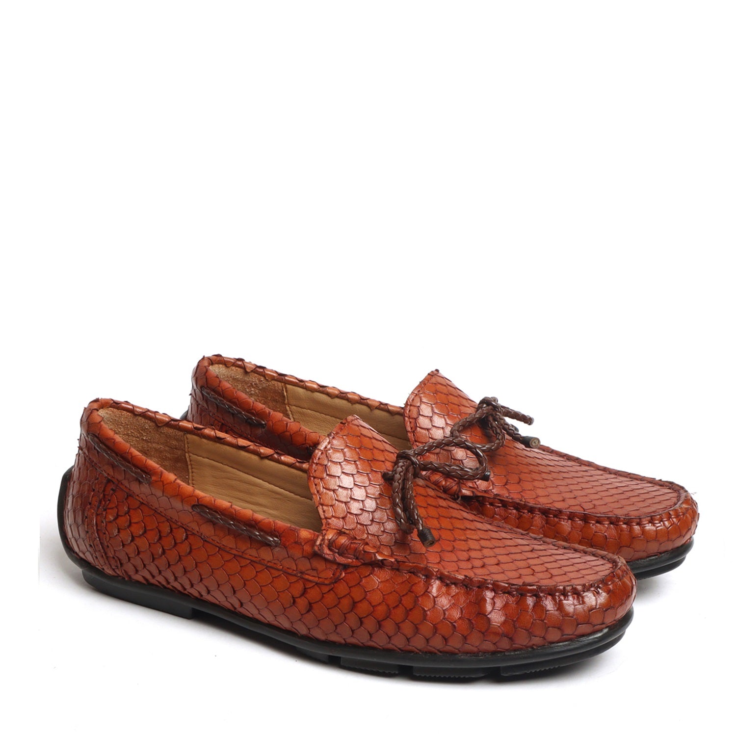 Tassel Bow Loafers Tan Snake Scales Textured Leather