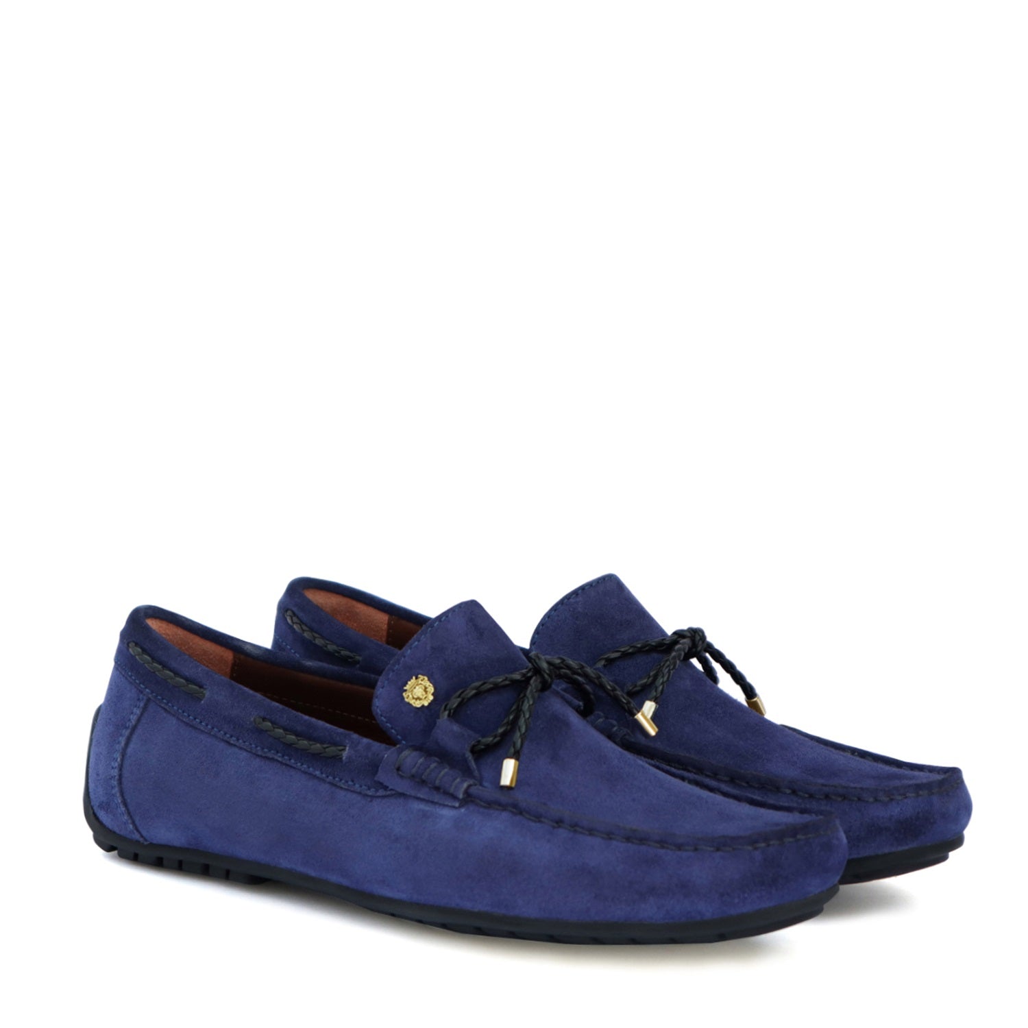 Mini Lion Weaved Tassel Bow Loafers in Blue Suede Leather