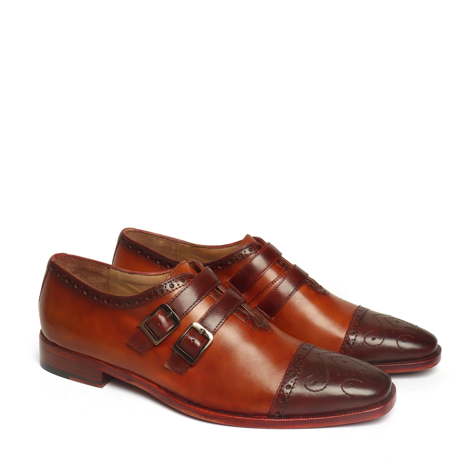 Tan-Brown Contrasting Cap Toe Leather Parallel Double Monk Straps Shoes by BRUNE & BARESKIN