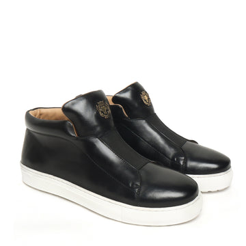 Black Leather Mid-Top Sneakers with Stretchable Strap by Brune & Bareskin