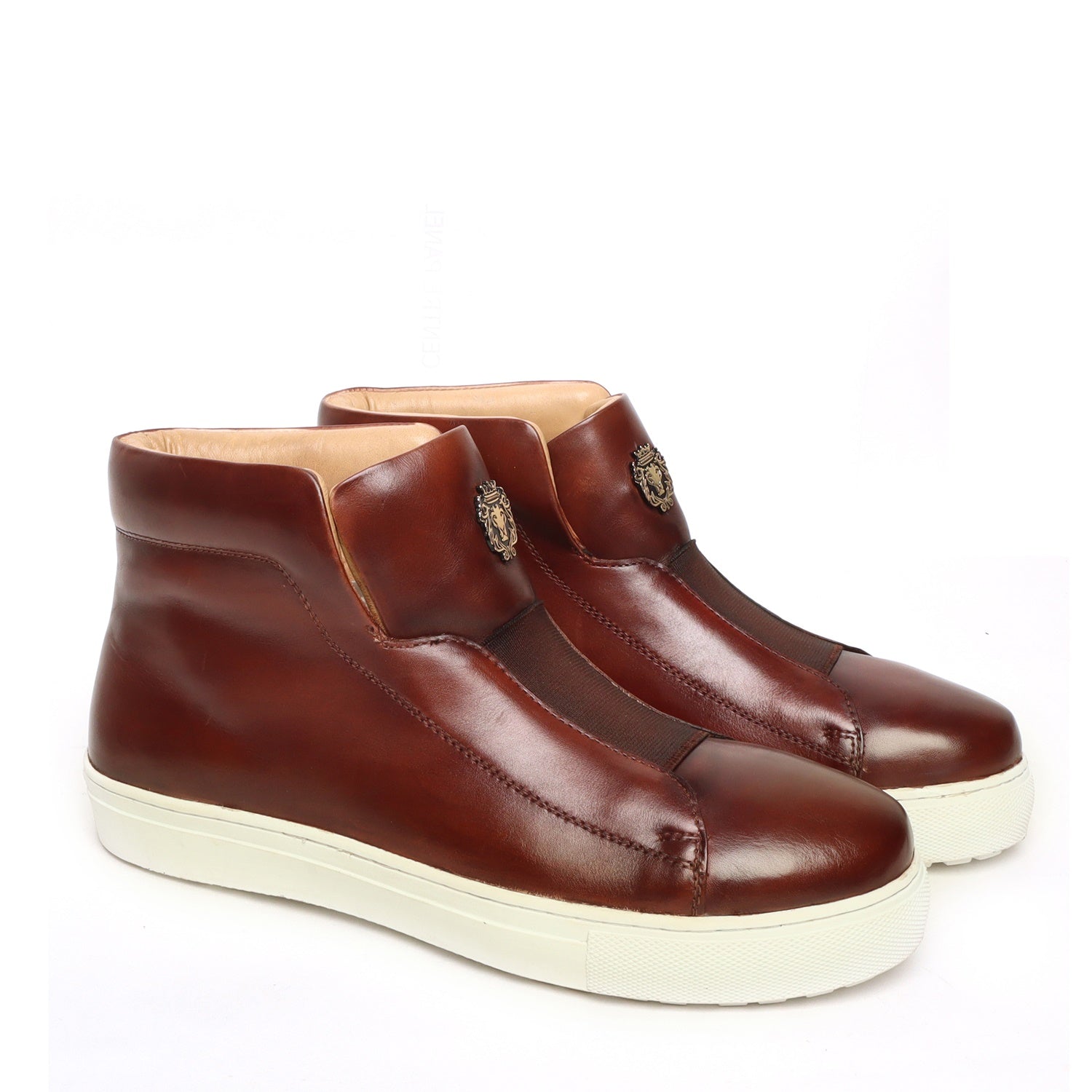 Brown Leather Mid-Top Sneakers with Stretchable Strap by Brune & Bareskin