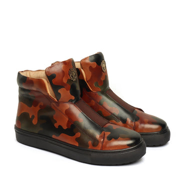 Camo Hand Painted Leather Mid-Top Sneakers with Stretchable Strap by Brune & Bareskin