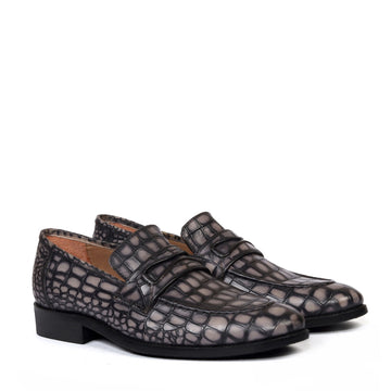 Smokey Finish Mod Look Loafers in Grey Croco Textured Leather with Leather Sole
