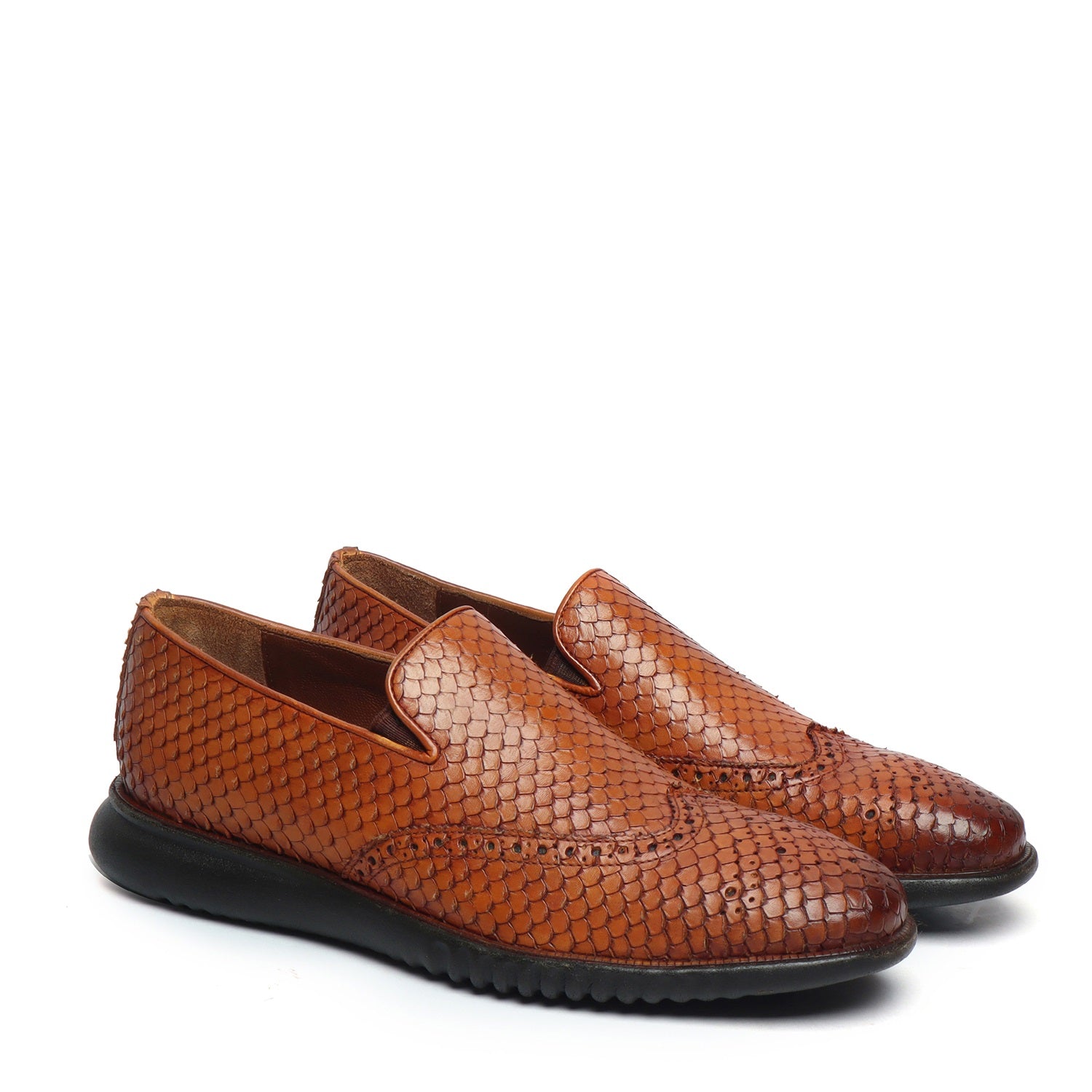 Tan Snake Skin Textured Burnished Leather Wingtip Light Weight Loafers By Brune & Bareskin