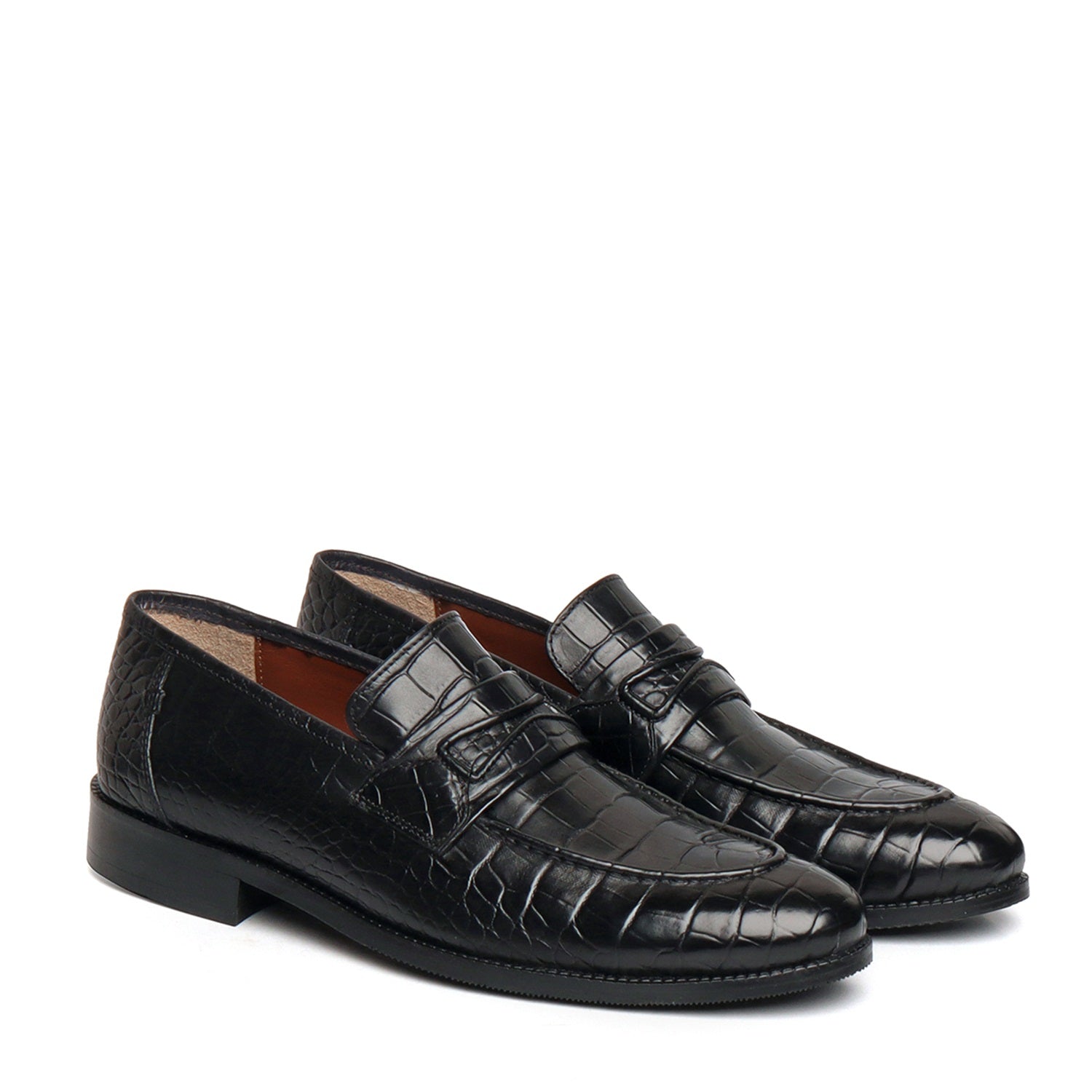 Black Penny Loafers with Cut Croco Leather