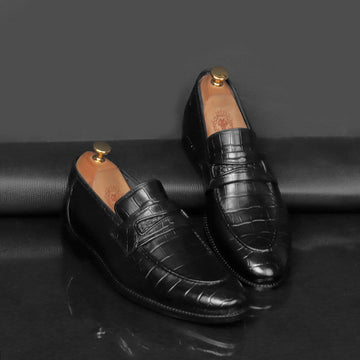 Black Penny Loafers with Cut Croco Leather