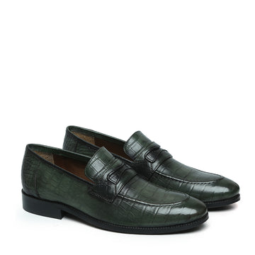 Green Penny Loafers in Deep Cut Leather