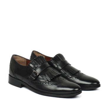 Black Leather Fringed Single Monk Strap Shoes For Men by Brune & Bareskin