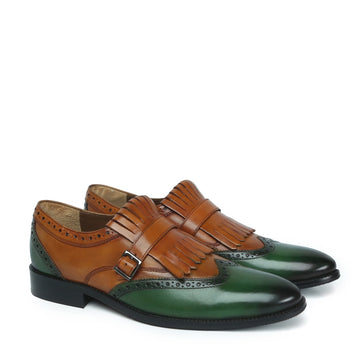 Tan/Green Leather Fringed Single Monk Strap Shoes by Brune & Bareskin