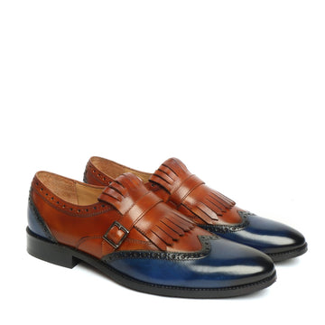 Tan/Blue Leather Fringed Single Monk Strap Shoes By Brune & Bareskin