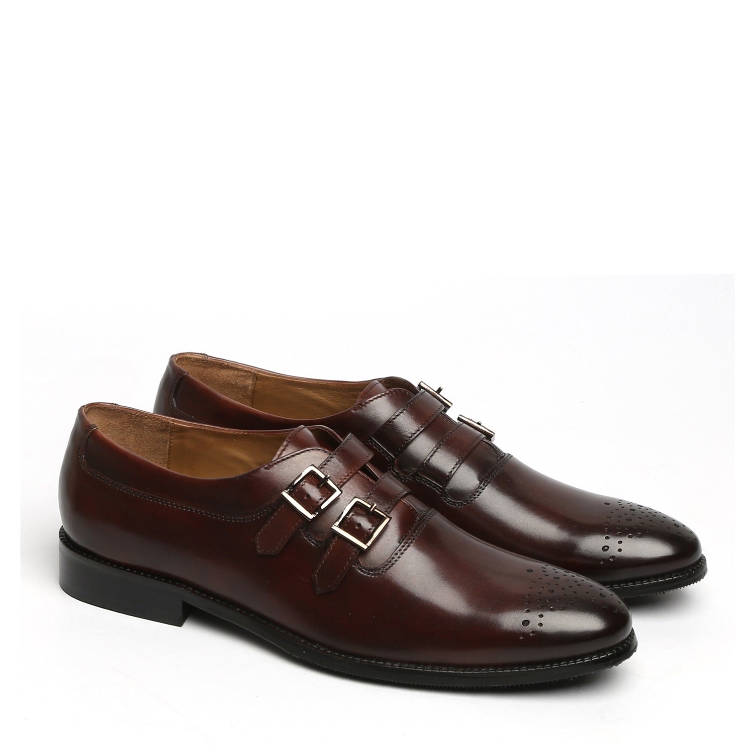 BROWN PARALLEL DOUBLE MONK STRAPS LEATHER FORMAL SHOES BY BRUNE & BARESKIN