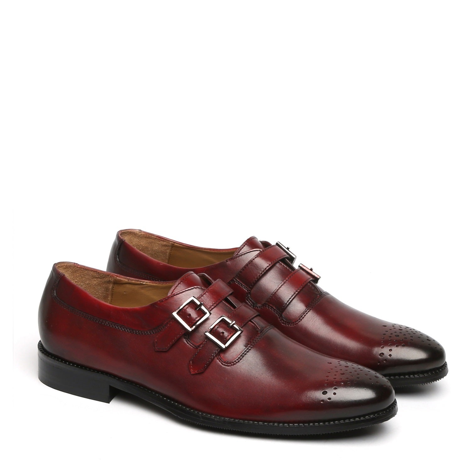 WINE PARALLEL DOUBLE MONK STRAPS LEATHER FORMAL SHOES BY BRUNE & BARESKIN