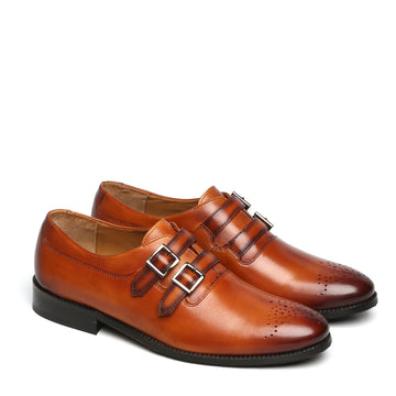 TAN PARALLEL DOUBLE MONK STRAPS LEATHER FORMAL SHOES BY BRUNE & BARESKIN