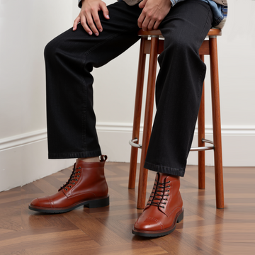 Cognac Leather Brogue Cap Toe Light Weight Boots by Brune & Bareskin
