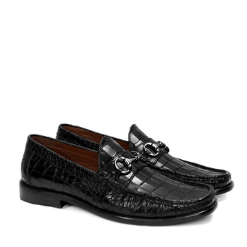 Black Croco Textured Leather Loafer With Horsebit Silver Detailing