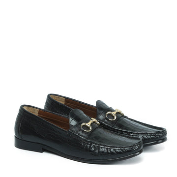 Men's Black Loafer in Croco Textured with Horse-bit Buckle