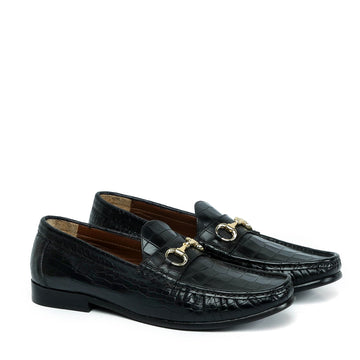 Men's Black Loafer in Croco Textured with Horse-bit Buckle