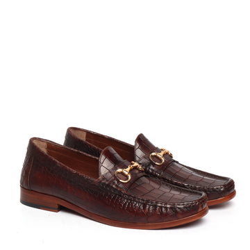 Dark Brown Leather Loafers in Croco Textured